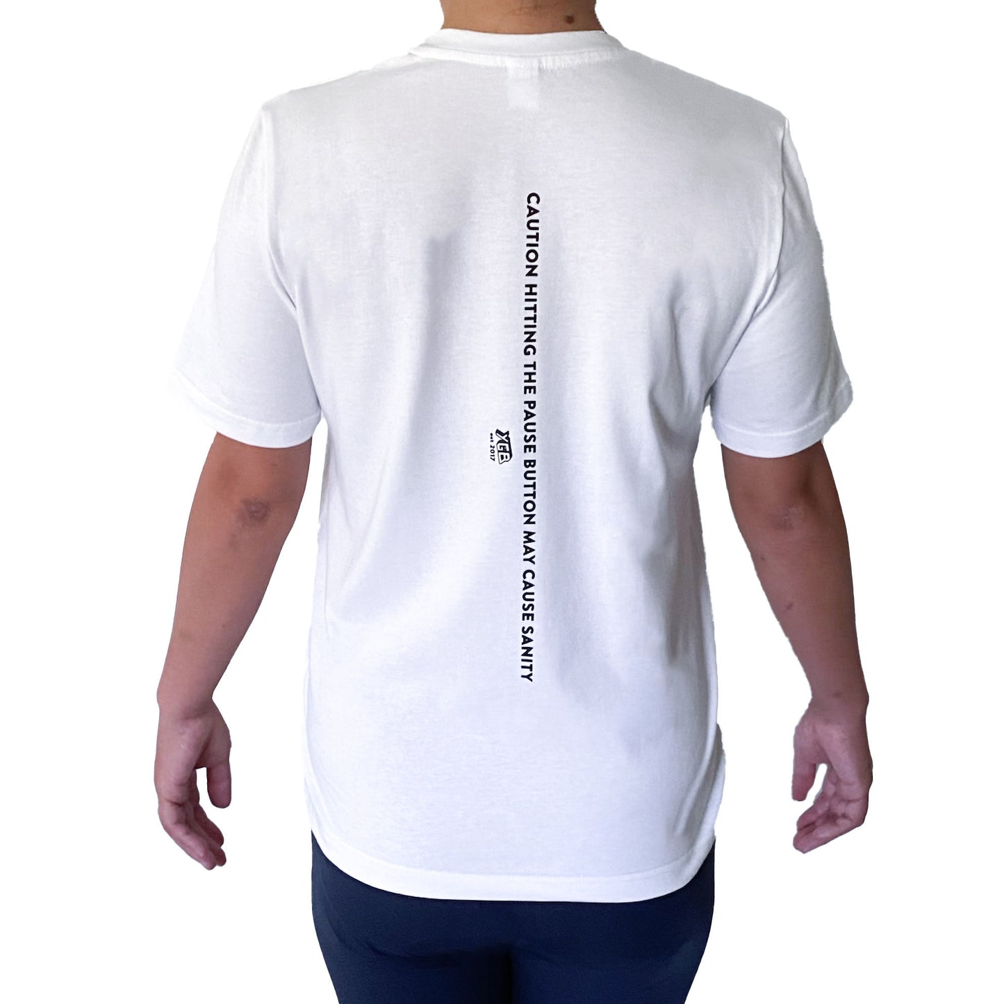 Pause Button Gender-Neutral White Crew Neck T-Shirts -'Hitting Pause Button May Cause Sanity'