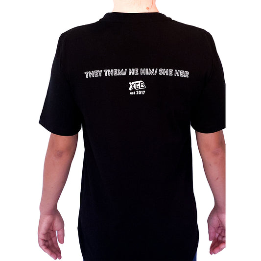 Ethical organic unisex t-shirt Black V neck pronouns